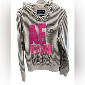American Eagle Outfitters Women's Striped Hoodie Sweater - Pink and Gray